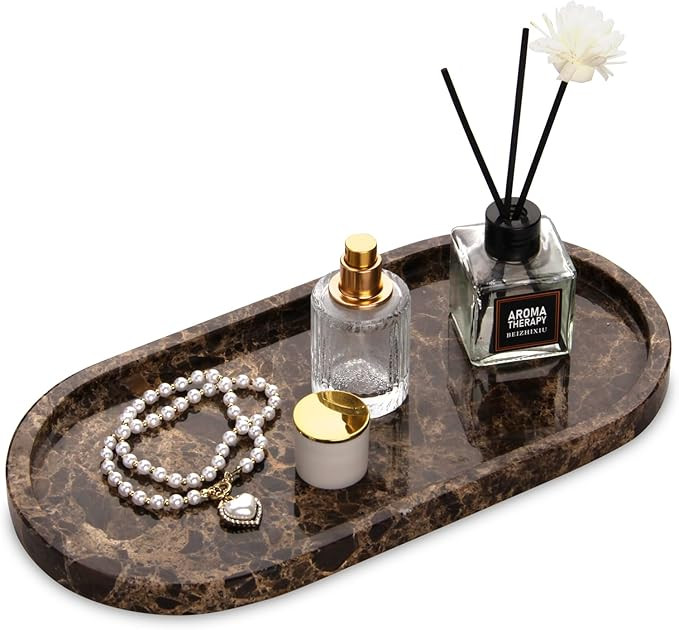 Natural Marble Tray, Oval Luxury Bathroom Vanity Home Kitchen Bathroom Table Tray, Stone Decorati... | Amazon (UK)