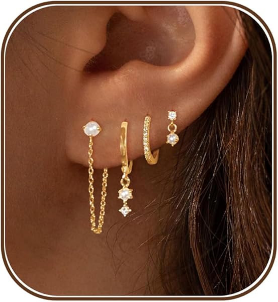 Gold Earrings for Women, 14k Gold Plated Dangle Huggie Earrings for Women Trendy Dainty Gold Hoop Earring Stacks Hypoallergenic Pearl Chain Drop Cartilage Earring Fashion Womens Jewelry | Amazon (US)