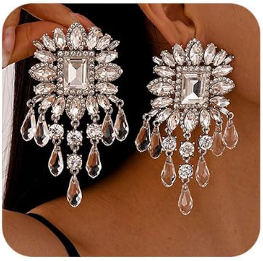 Missgrace Women Silver Hypoallergenic Rhinestone Earrings Dangling Sparkly Dangle Earrings Chande... | Amazon (US)