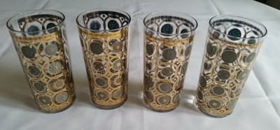 4 Mid Century Culver Glass Aztec pattern Turquoise Blue Gold  Highball Glasses | eBay US