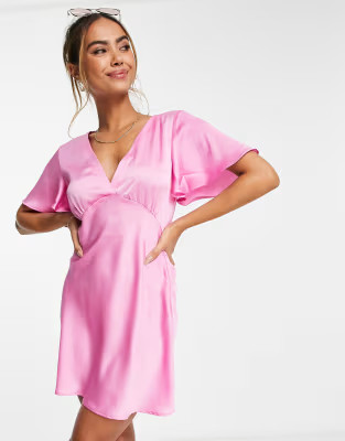 Stradivarius v neck mini dress in pink | ASOS (Global)