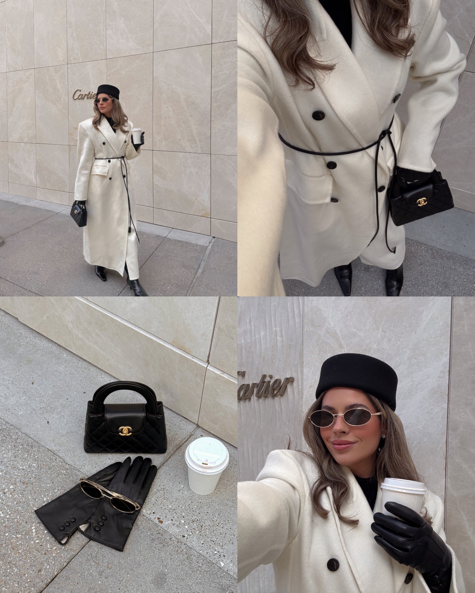 Pillbox hat and white long coat