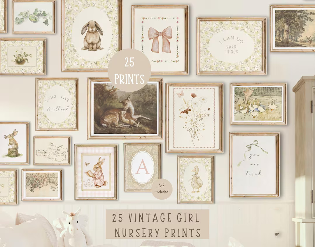 Neutral Nursery Gallery Wall Girl  Vintage Nursery Prints  Silly Goose Art  Printable Girl Room D... | Etsy (US)