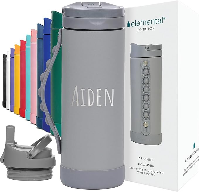 Elemental Iconic Kids Personalized Water Bottle with Straw Lid & Stress Relief Pop It Handle, Cus... | Amazon (US)