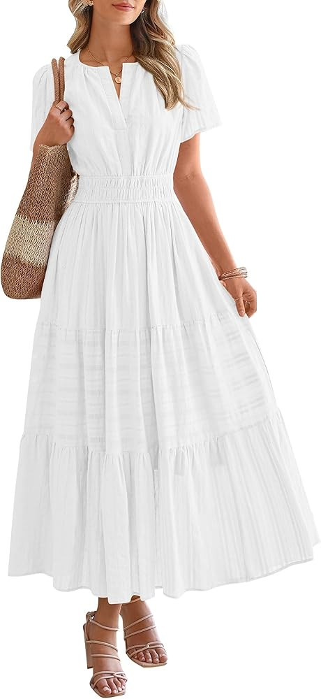 BTFBM Womens Summer 2025 Casual Midi Maxi Dresses Lightweight Short Sleeve V Neck Elastic Waist B... | Amazon (US)