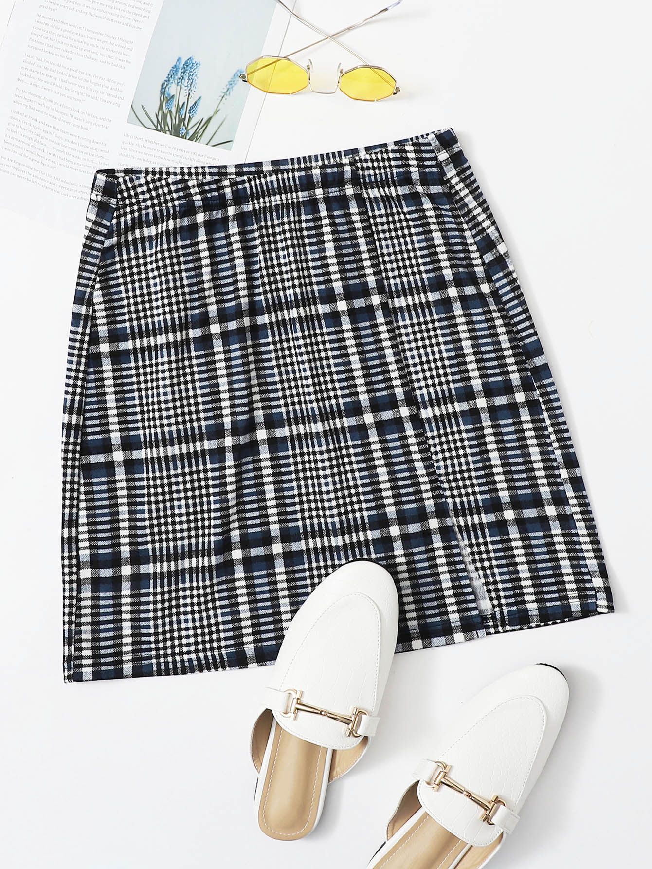 SHEIN Plus Elastic Waist Split Hem Plaid Skirt | SHEIN