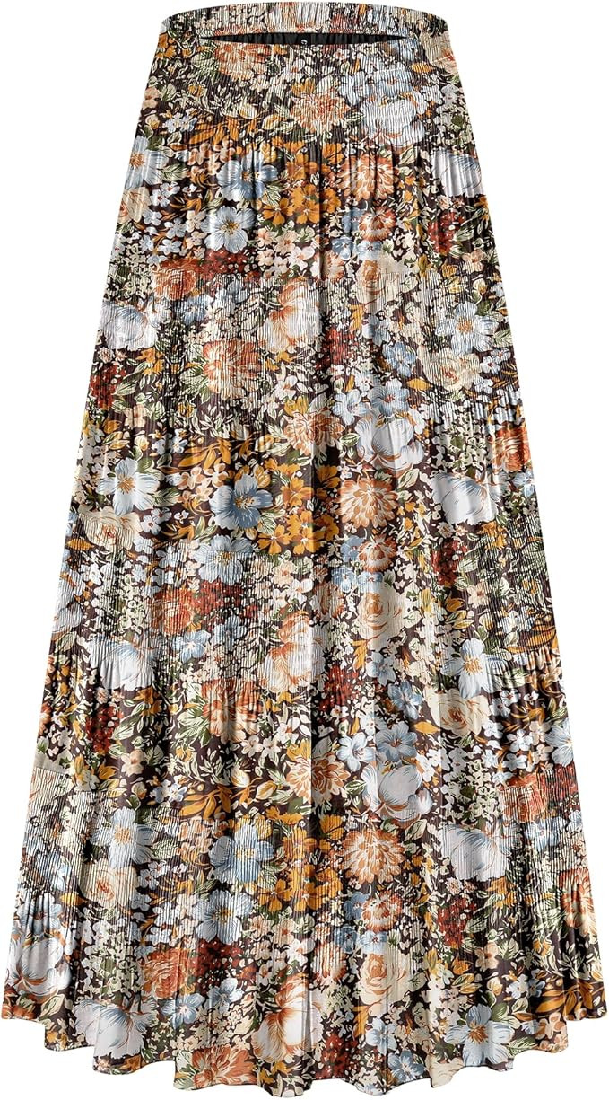 CYiNu Women's Chiffon Elastic High Waist Tiered Pleated Floral Printed A-Line Boho Long Maxi Skir... | Amazon (US)