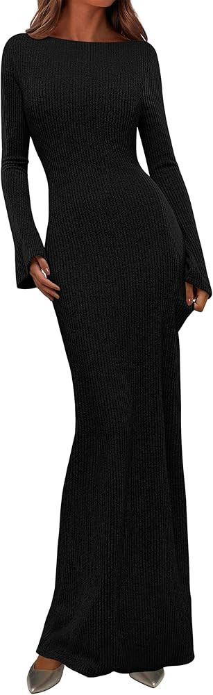 PRETTYGARDEN Women's Fall Fashion 2025 Long Sleeve Maxi Dress Ribbed Knit Boat Neck Bodycon Casua... | Amazon (US)