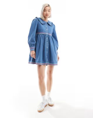 Neon Rose rik-rak detail denim mini smock dress in blue | ASOS (Global)