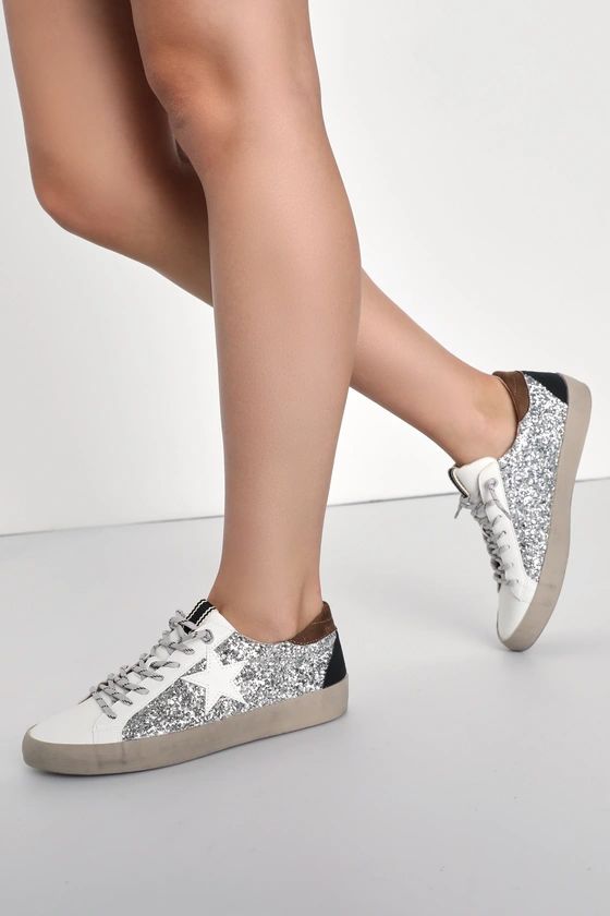 Paula Silver Glitter Suede Distressed Lace-Up Sneakers | Lulus (US)