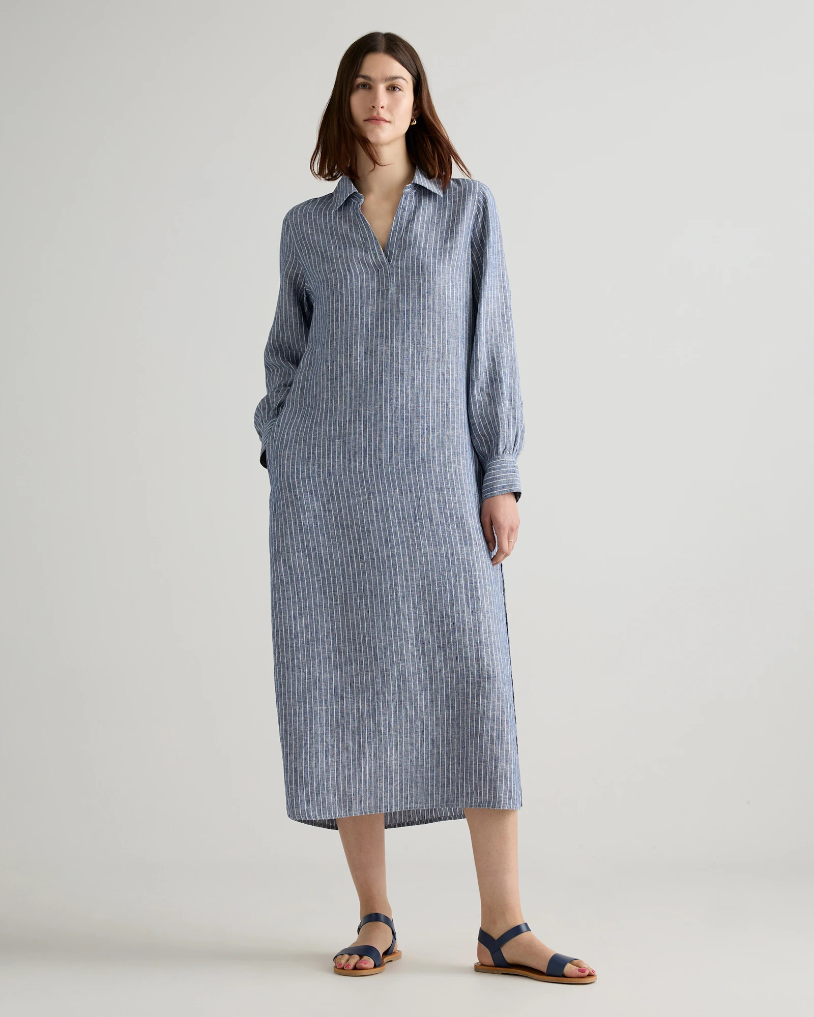 100% European Linen Popover Maxi Dress in Chambray Stripe | Quince