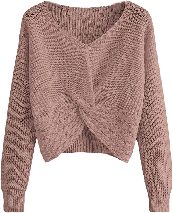 MakeMeChic Women's Casual V Neck Sweater Long Sleeve Knot Front Crop Top Pullovers | Amazon (US)