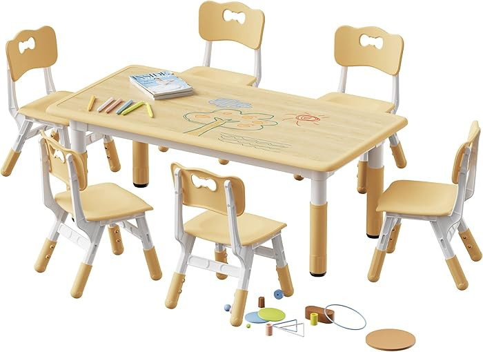 Brelley Kids Table and 6 Chairs Set, Height Adjustable Toddler Desk and Chair Set, Graffiti Deskt... | Amazon (US)