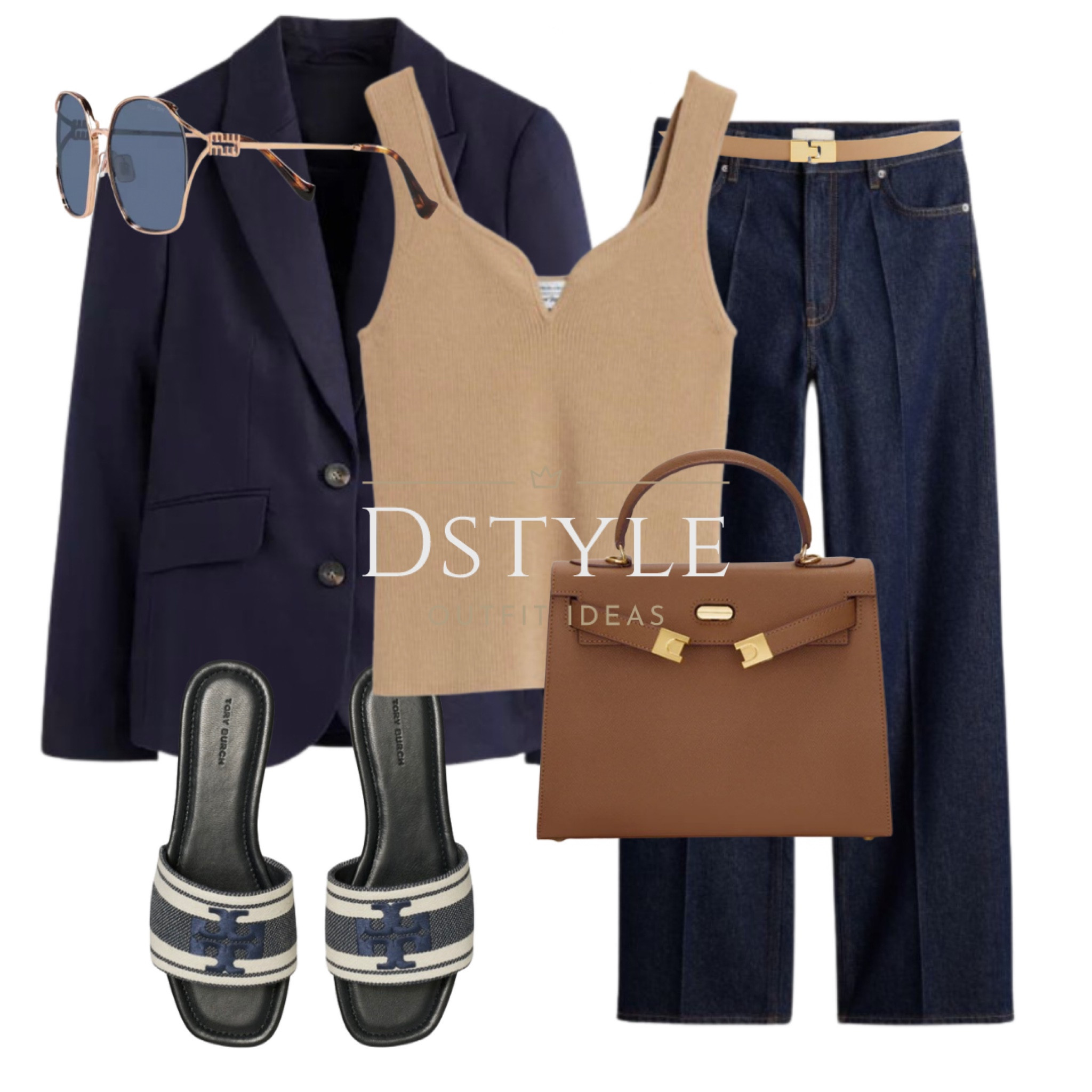 Navy blue linen blazer, dark wash denim trousers, beige knitted top, navy blue/ off white slide sandals, ootd, comfy yet chic look, smart casual style, work wear, office wear, spring style, tan accessories, neutral look

#LTKshoecrush #LTKitbag #LTKworkwear