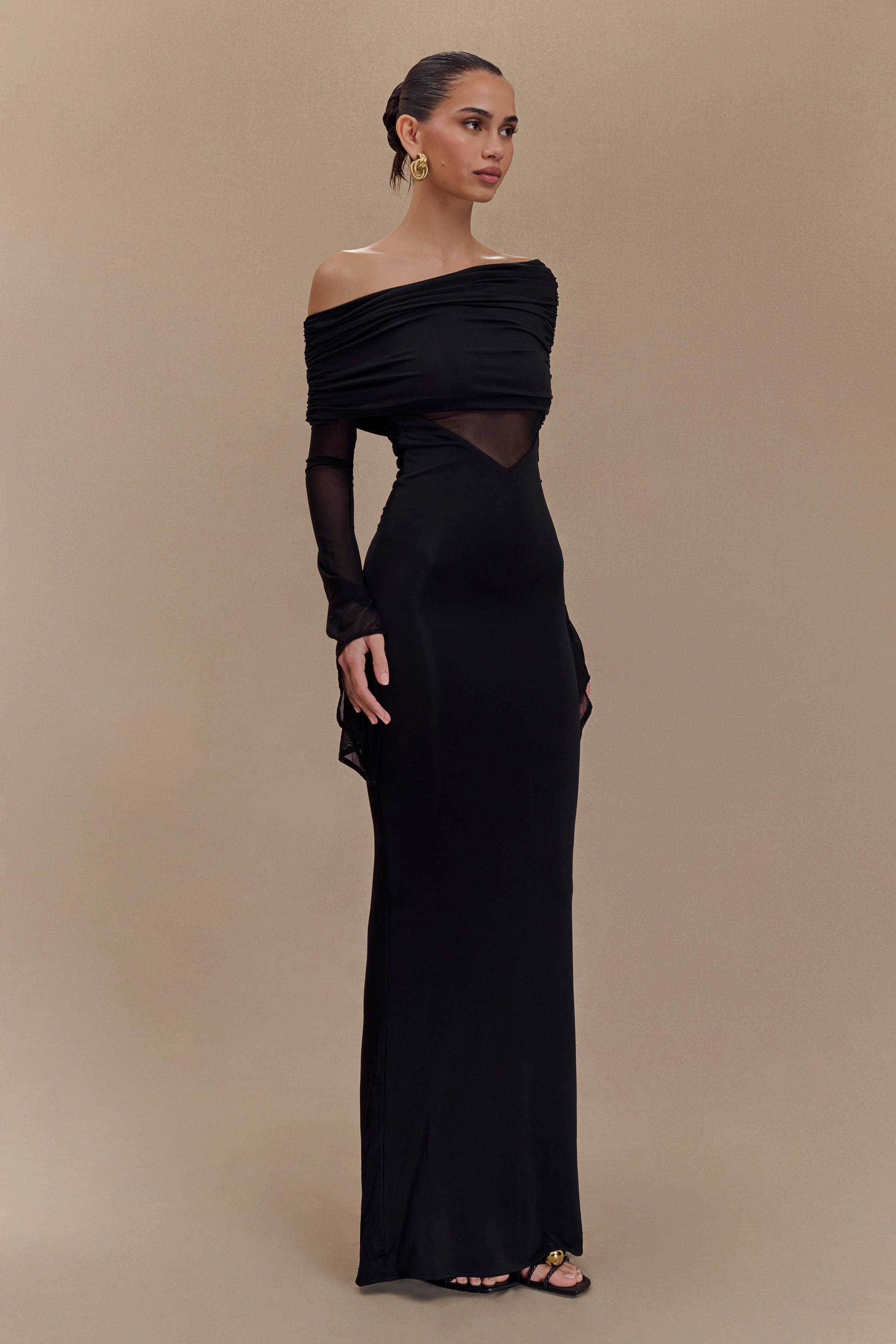 Kaitlin One Shoulder Slinky And Mesh Maxi Dress - Black | MESHKI US