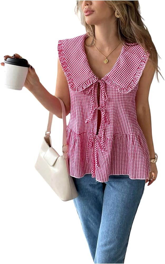 Floerns Women's Gingham Tie Front Peplum Tops Sleeveless Collared Ruffle Summer Blouses | Amazon (US)