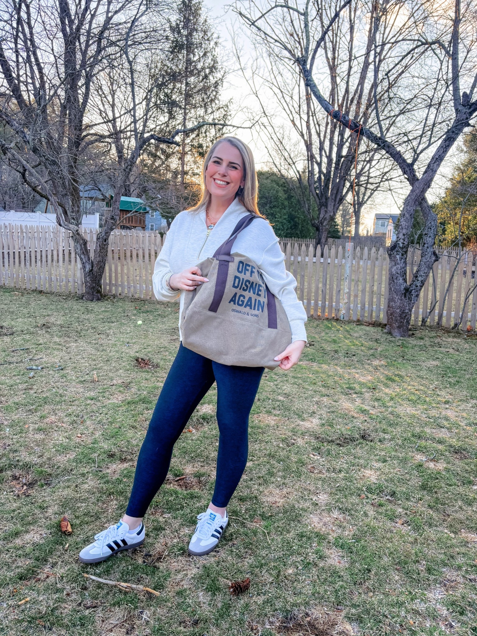 I found the perfect plane outfit for when we head to Disney in April! This cozy, super soft Anthropologie sweatshirt, leggings, and Adidas sambas = travel outfit perfection!  ✈️ 👟 ✨ 

#LTKFamily #LTKMidsize #LTKActive