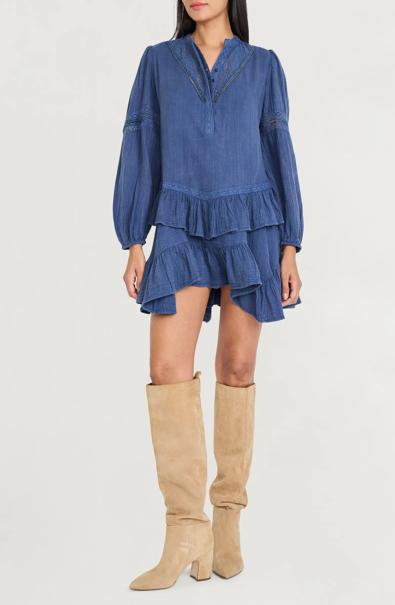 Ruffle Lace Trim Long Sleeve Denim Minidress | Nordstrom