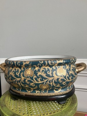 Large Chinoiserie Porcelain Cachepot w/ Koi Interior & Wood Stand | eBay US