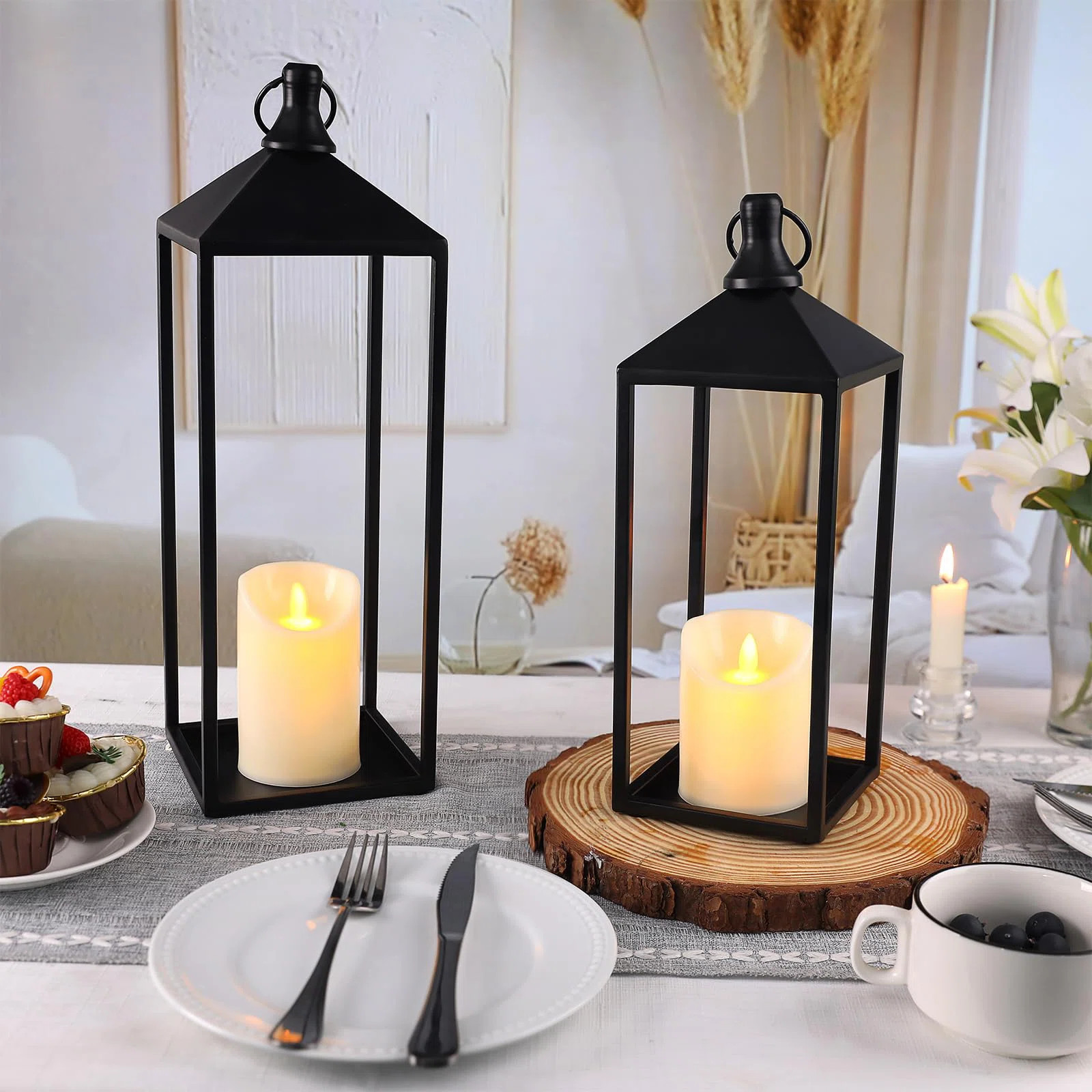 Lanterns Decorative Outdoor Indoor,  Set Of 2 Black Vintage Lantern With LED Pillar Candle, Moder... | Wayfair North America
