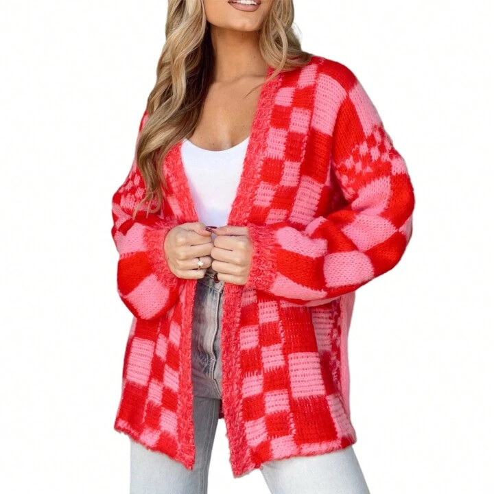Women's Checkered Cardigan Long Sleeve Open Front Loose Sweater Casual Streetwear For Fall Winter... | SHEIN