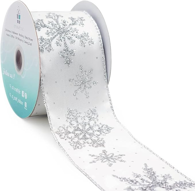 CT CRAFT LLC White Satin with Silver Snowflake Wired Ribbon 2.5 Inch x 10 Yards for Christmas Hom... | Amazon (US)