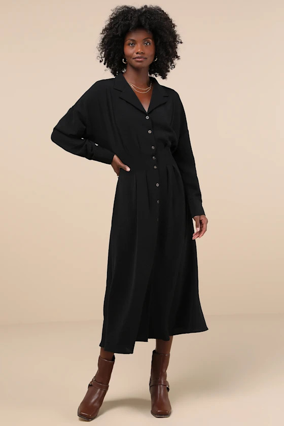 Timeless Class Black Collared Button-Up Pleated Midi Dress | Lulus