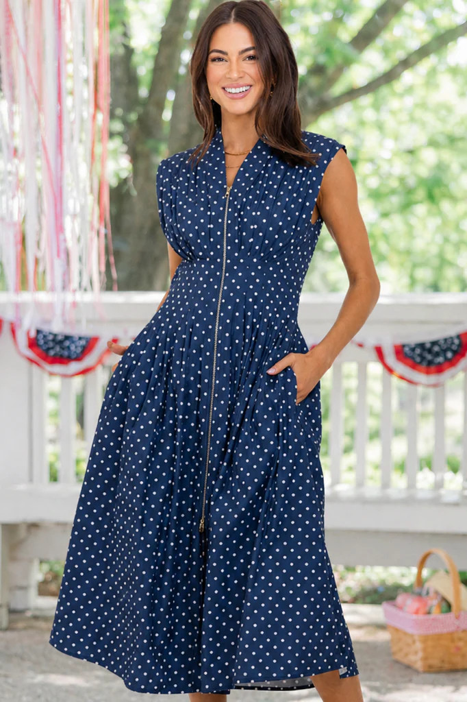 PREORDER: What A Classic Navy Polka Dot Midi Dress | The Mint Julep Boutique