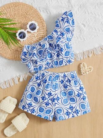 SHEIN Kids SUNSHNE Toddler Girls Floral Print One Shoulder Ruffle Trim Top & Shorts | SHEIN