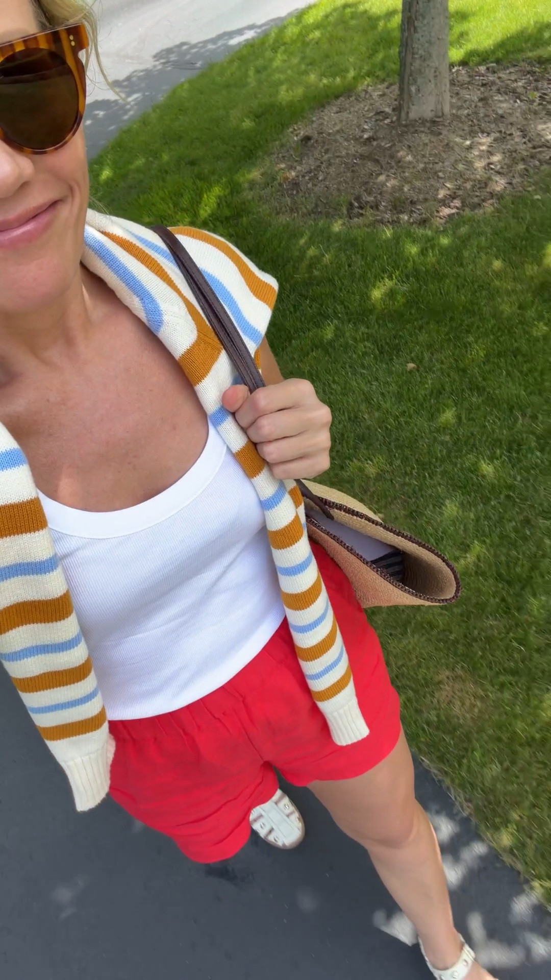 Hi! Lands End sweater is on sale for $30 and 100% cotton, wearing an xs petite. J.Crew linen shorts are generously sized but still wearing my regular size small. Freda Salvador Sera sandals fit true to size and walk all day comfortable. Madewell tank layered. Sezane tote on heavy repeat lately. I wear these Baubebar studs daily ...xo, Claire

#LTKootd #LTKmomlife #LTKSaleAlert