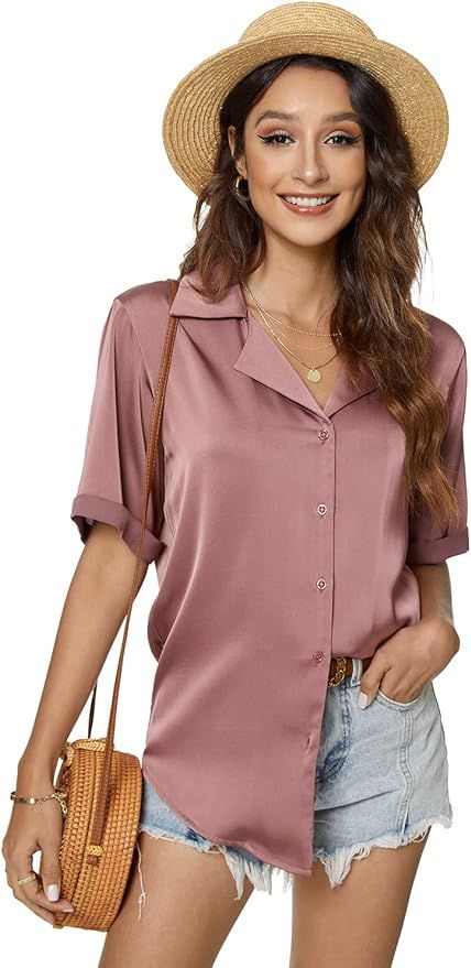 Atnlewhi Womens Short Sleeve Button Down Satin Silk Shirts Casual Business Work Office Blouse Top | Amazon (US)