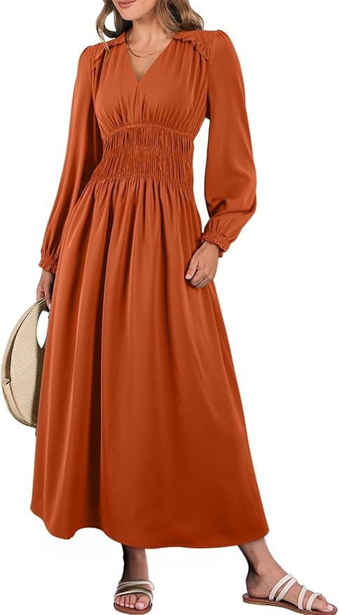 BLENCOT Women Casual Long Sleeve Dress V Neck Fall Dresses 2024 Solid Color Tiered Flowy Boho Lon... | Amazon (US)