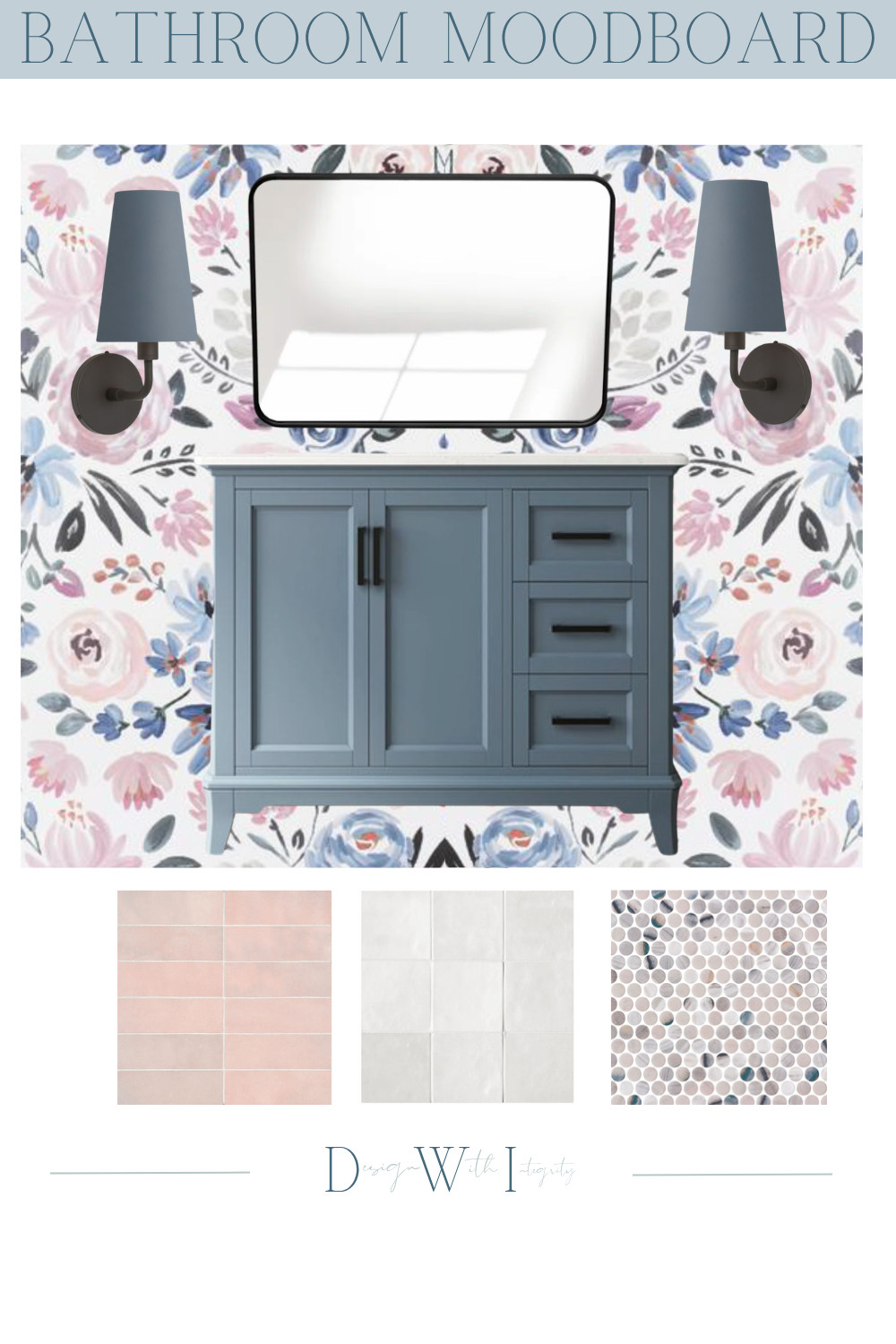 This bathroom mood board brings a playful yet polished design with a navy vanity, floral wallpaper, and coordinating tile options in blush, white, and mosaic. Perfect for a remodel that balances charm and sophistication. Which tile would you choose to complete this look? Comment below and share this design with a friend planning their dream bathroom. Shop the post now on LTK to recreate this look.


#BathroomDesign #BathroomRemodel #InteriorDesignInspo #MoodBoardDesign #LTKHome #ShopThePost #HomeDecorInspo #DesignWithIntegrity #RemodelGoals #StyledSpaces #Moodboard #MoodboardMonday #MoodboardInterior #BathroomInspo #PowderRoom #Wallpaper #BathroomWallpaper 

 #LTKHome