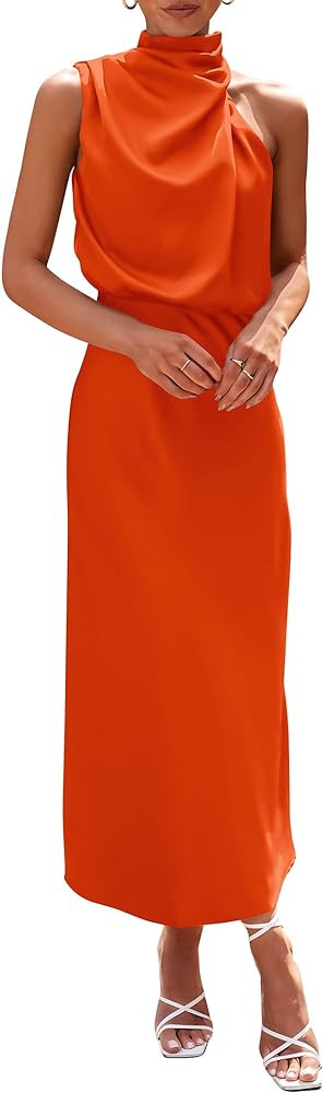 PRETTYGARDEN Women's 2023 Summer Satin Dress Elegant Sleeveless Mock Neck Cocktail Party Maxi Dre... | Amazon (US)