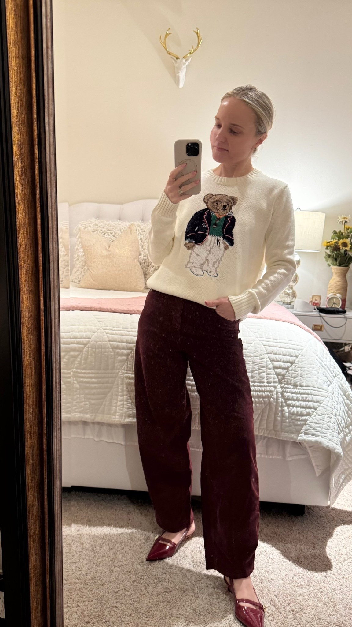 Burgundy barrel jeans, Ralph Lauren bear sweaterr

#LTKStyleTip #LTKSaleAlert #LTKSeasonal