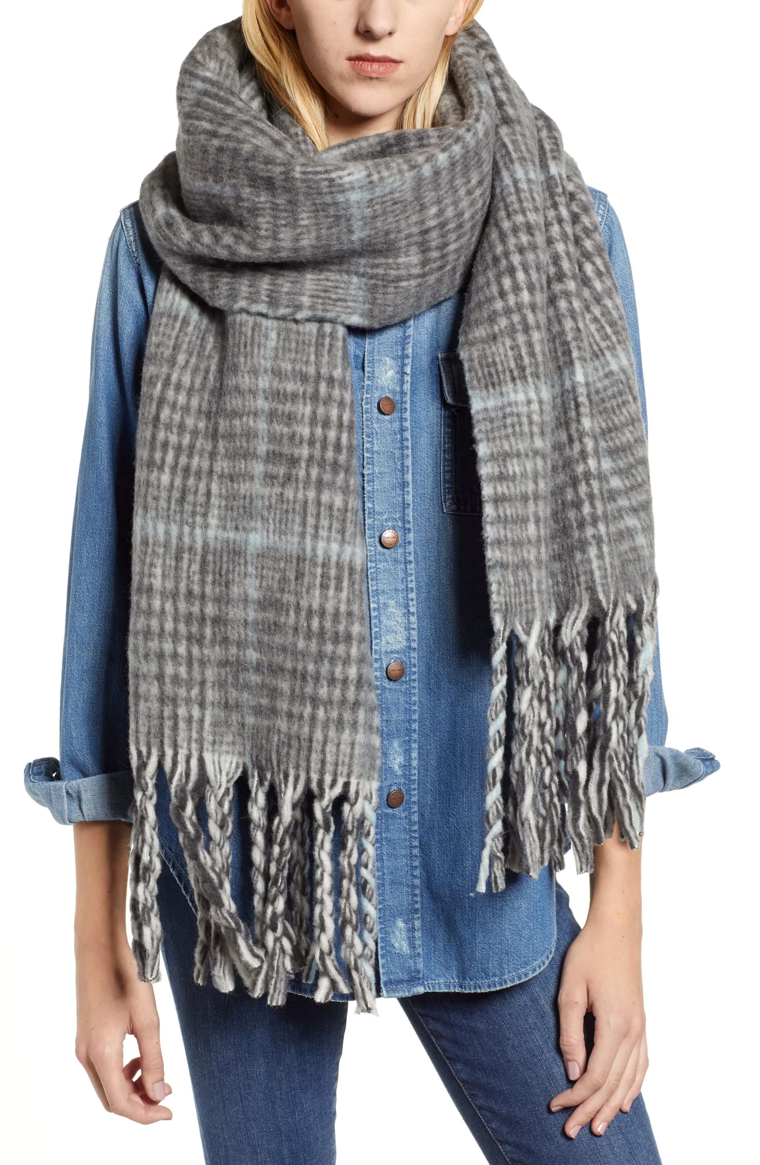 Women's Allsaints Plaid Brushed Wool Blanket Scarf, Size One Size - Grey | Nordstrom