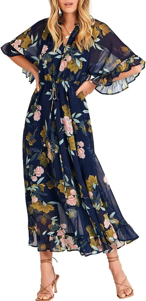 ANRABESS Women's Summer Ruffle Maxi Dress Floral Print 3/4 Bell Sleeve V Neck High Waist Flowy Boho  | Amazon (US)