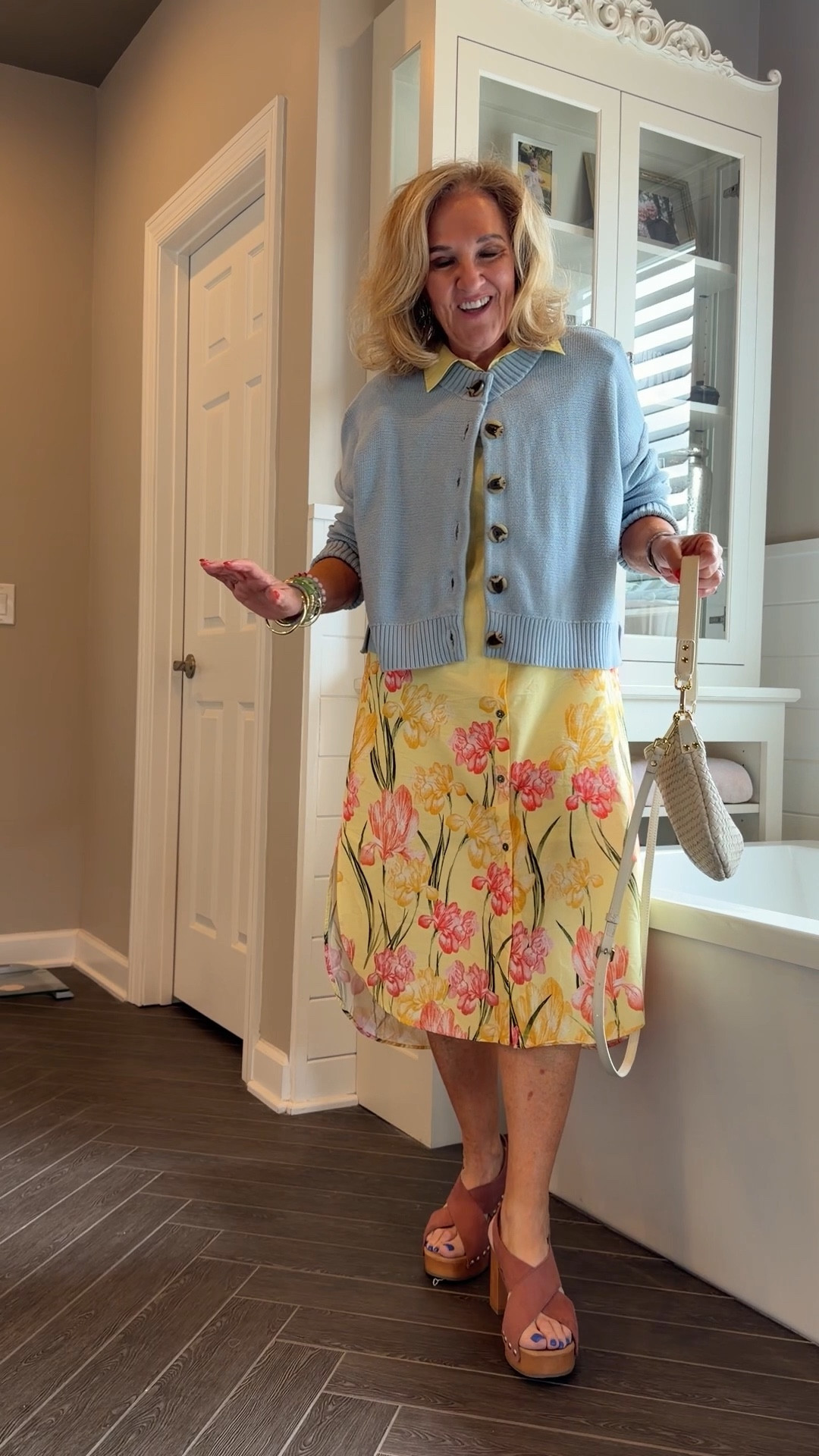 I love this dress. It’s easy casual or elevated. Wearing a small reg 
Blue cotton sweater is a relaxed fit size medium 
Clogs are walmart
20% off bracelet stack code NANETTE20

#LTKOver40 #LTKSeasonal #LTKPetite