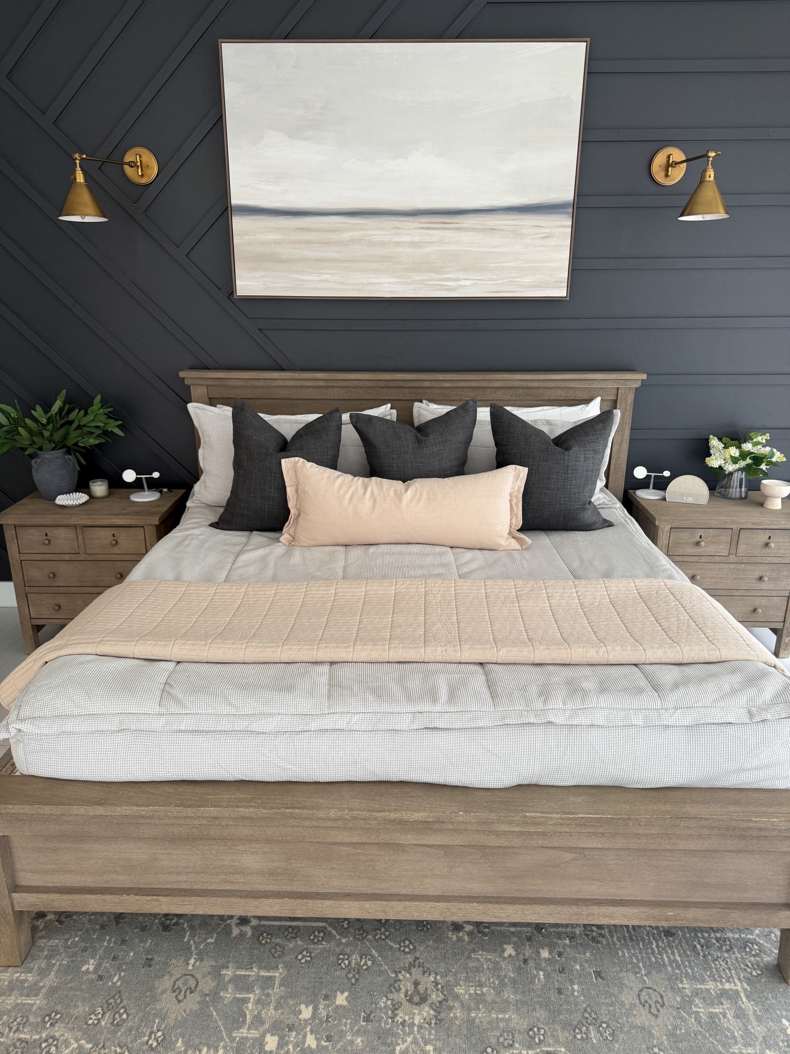 Primary Bedroom with grey wall and neutral bedding from Beddys Harper style