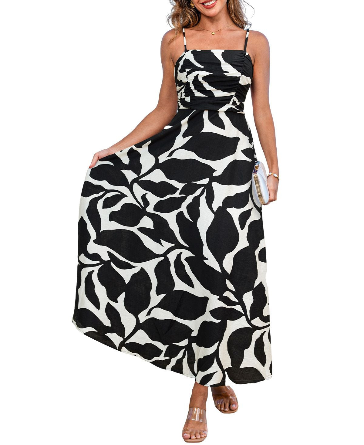 Cupshe Women's Abstract Print Ruched Bust Midi Beach Dress - Black | Macy's
