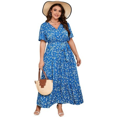 Women Plus Size Floral Maxi Dress Wrap V Neck Self Tie Waist Tiered Casual Summer Dress Royal Blue 1X | Target