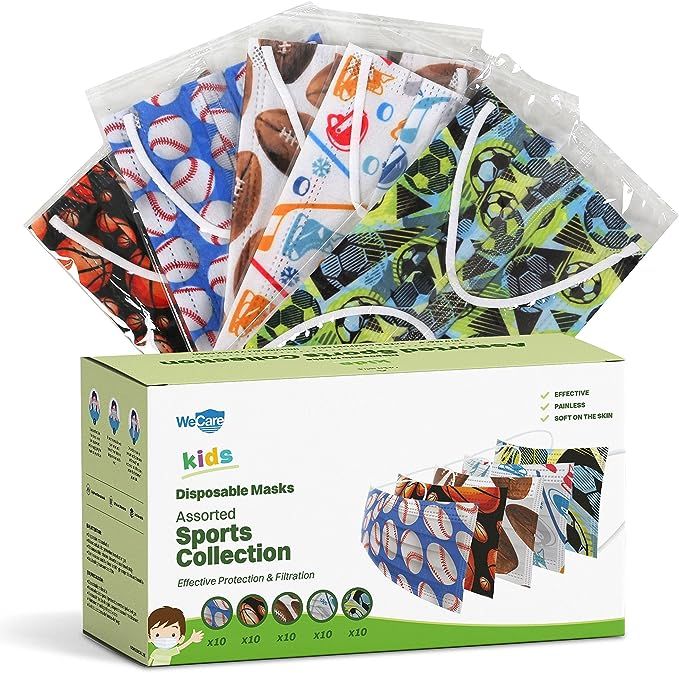 WeCare Disposable Face Masks For Kids, 50 Sport Collection Face Masks, Individually Wrapped | Amazon (US)