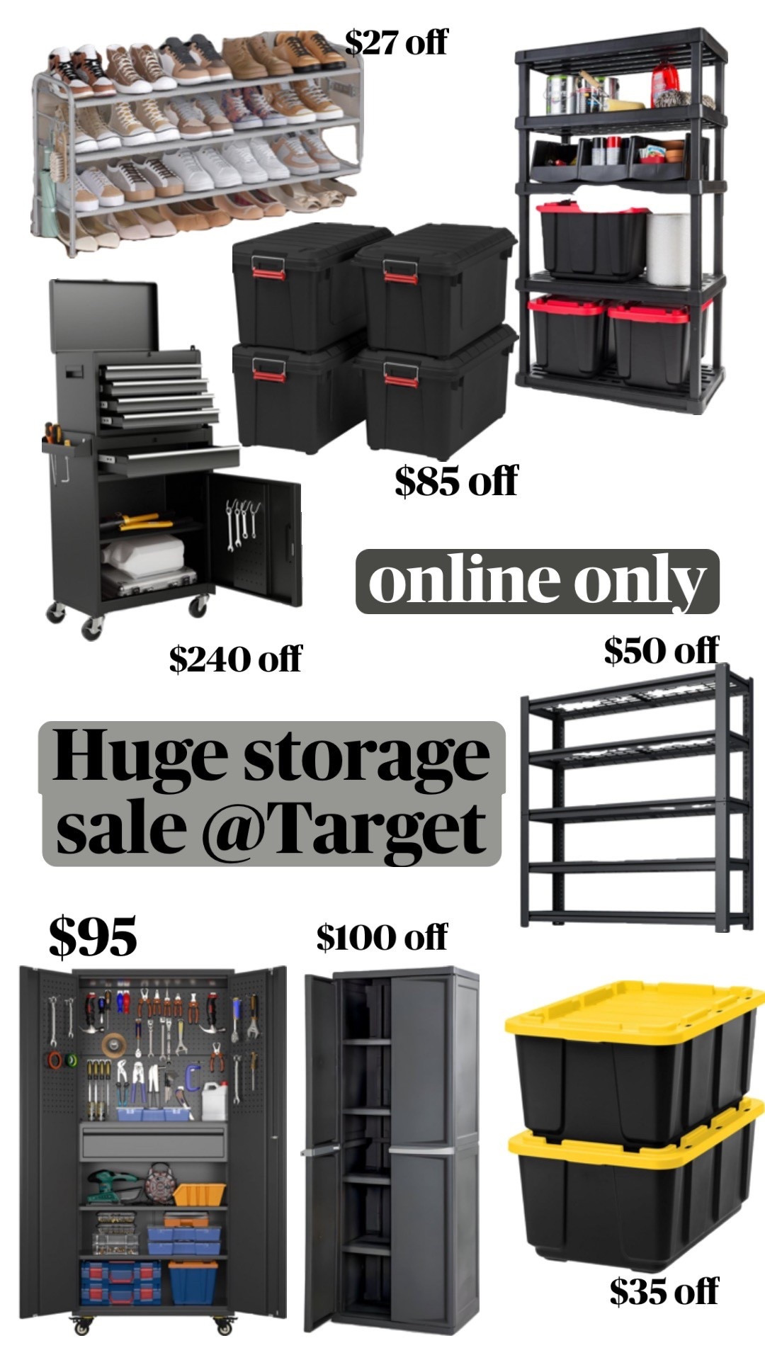 Huge Target storage sale — up to $240 off 🤯
Garage storage, basement organization, shelving units, storage bins, and heavy-duty cabinets all on sale (online only). Perfect for organizing tools, seasonal storage, and cluttered spaces.
#TargetSale #StorageDeals #GarageOrganization #BasementStorage #HomeOrganization

#LTKSaleAlert #LTKHome #LTKMens