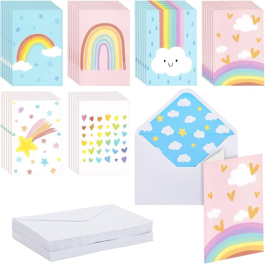 48 Pack Rainbow Cards with Envelopes for Thank You, Baby Shower, Birthday, Kids Stationary, Girls... | Amazon (US)