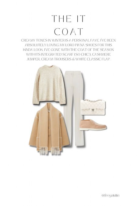 Creamy tones in winter is a personal fave. I've been absolutely loving my loro piana shoes for this kinda look. I've gone with the coat of the season with its integrated scarf (so chic!), cashmere jumper, cream trousers & white classic flap.

#LTKeurope #LTKSeasonal #LTKstyletip