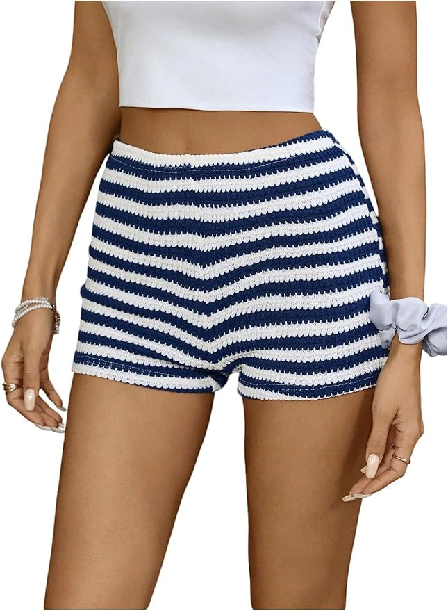 SweatyRocks Women's Y2K Striped Knit Shorts Elastic Waist Slim Fit Summer Mini Shorts | Amazon (US)