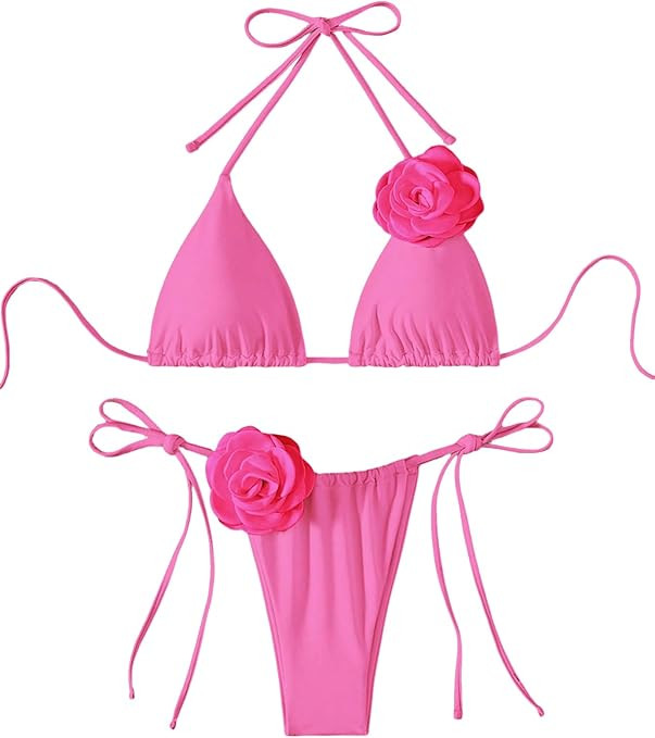 OYOANGLE Women's Bikini Set 2 Piece Floral Appliques Tie Backless Halter Triangle Swimsuit Tie Si... | Amazon (US)
