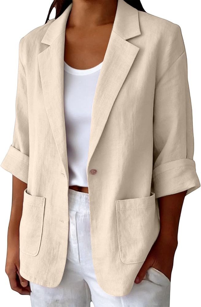 Womens Linen Blazer Jacket Lightweight 3/4 Sleeve Casual Work Office Summer Breathable Dressy Coa... | Amazon (US)