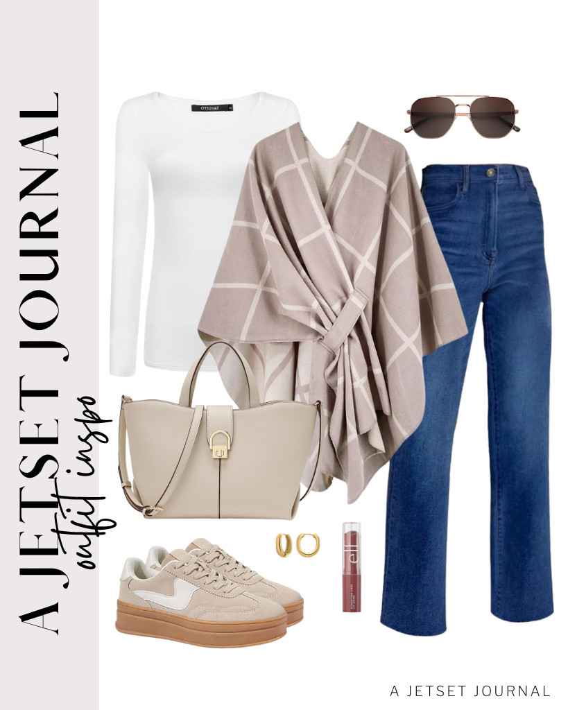 I love the pattern of this poncho, and it gives a chic vibe when worn over a plain white long-sleeve T-shirt and denim pants. Style this with this cute top-handle bag and aviator sunglasses. 

 #LTKSeasonal #LTKSaleAlert #LTKTravel