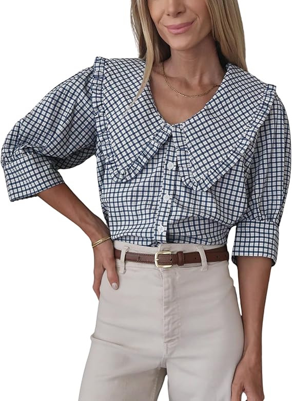 Daacee Women’s Plaid Blouse Oversized Ruffle Collar V Neck Puff Sleeve Button Down Plaid Shirts... | Amazon (US)